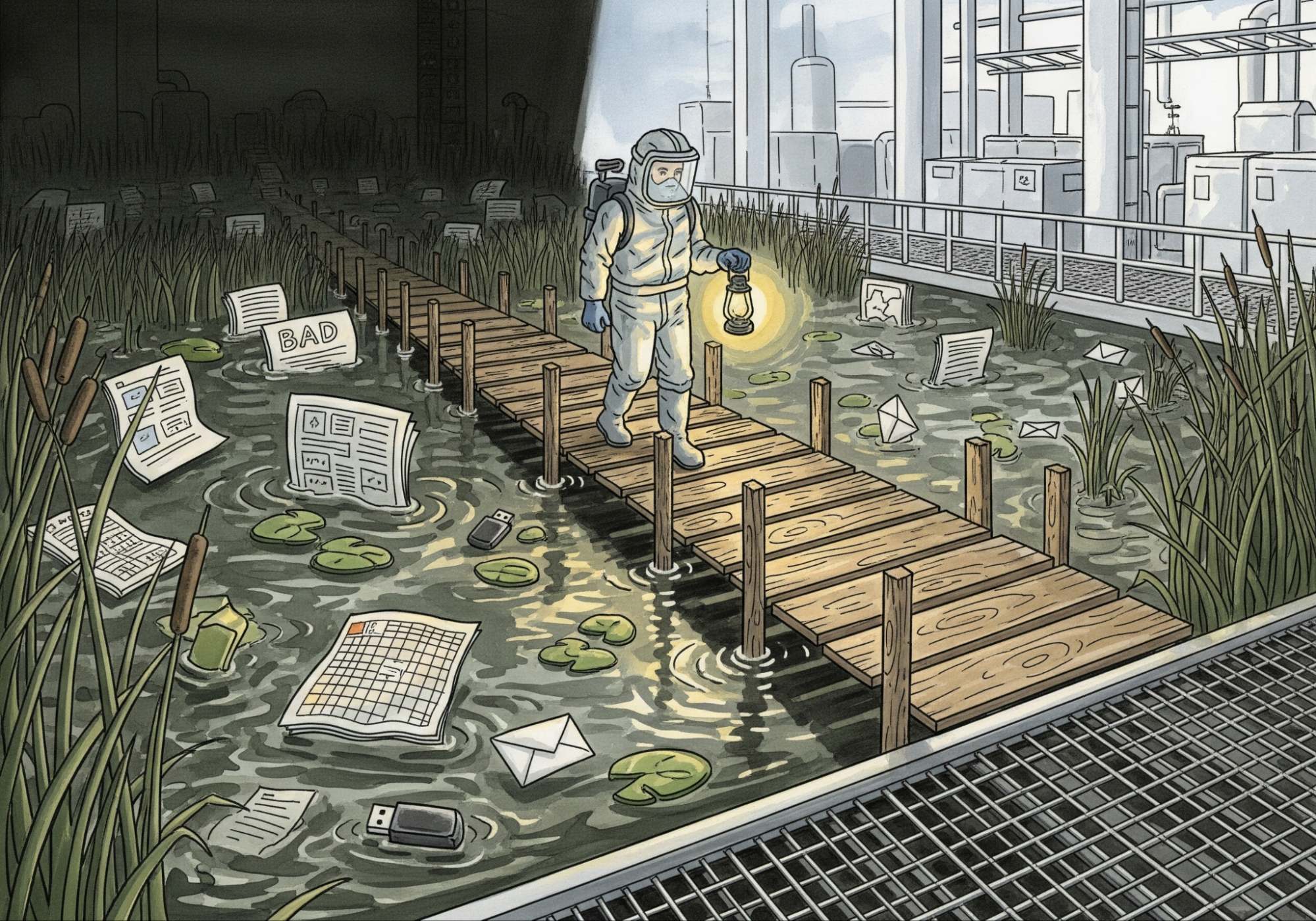 Person in protective gear navigating a data swamp filled with scattered documents and files