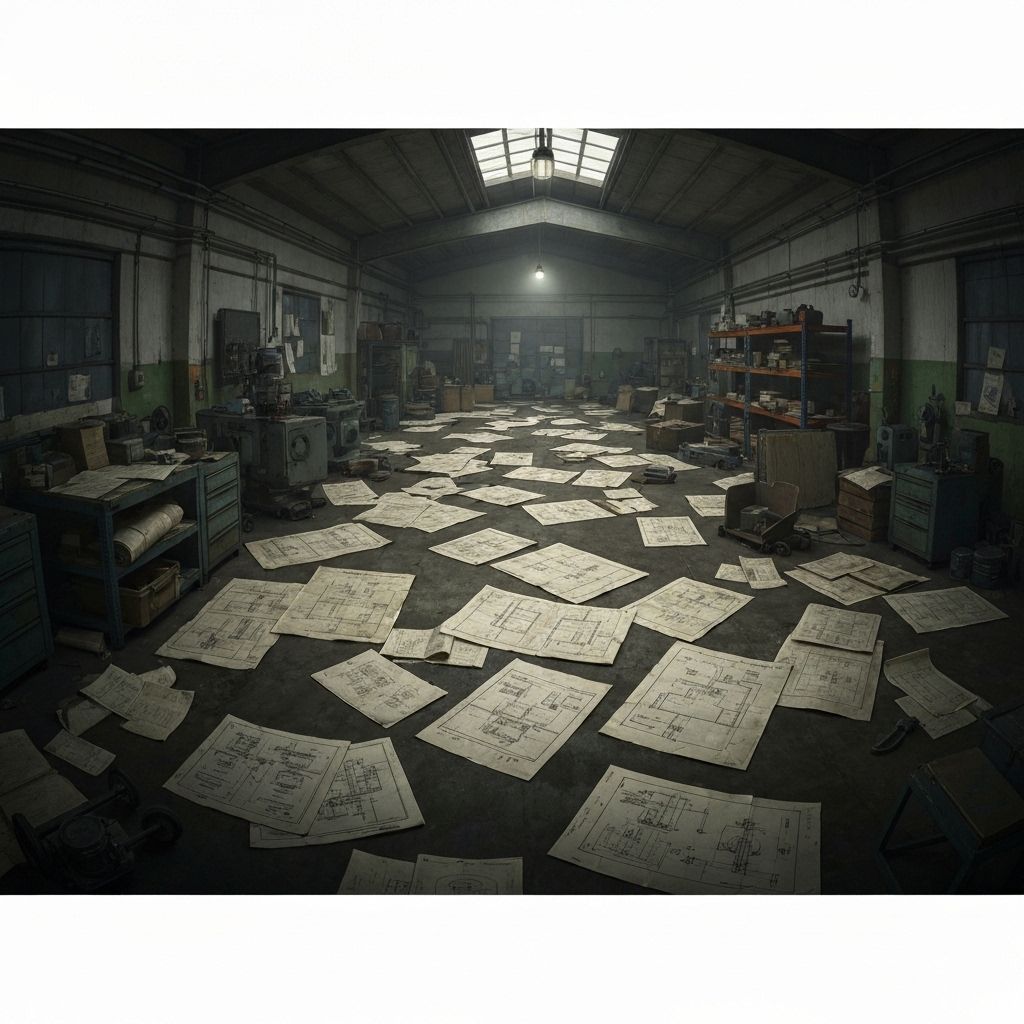 Conceptual illustration of scattered manufacturing data being organized into a structured knowledge graph