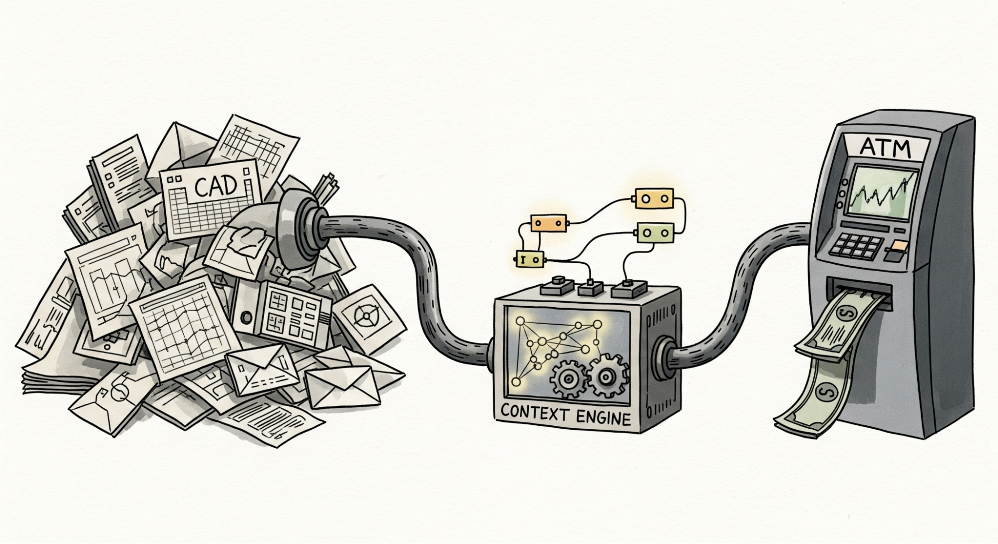 Illustration showing the transformation of chaotic manufacturing data through a context engine into valuable business outcomes