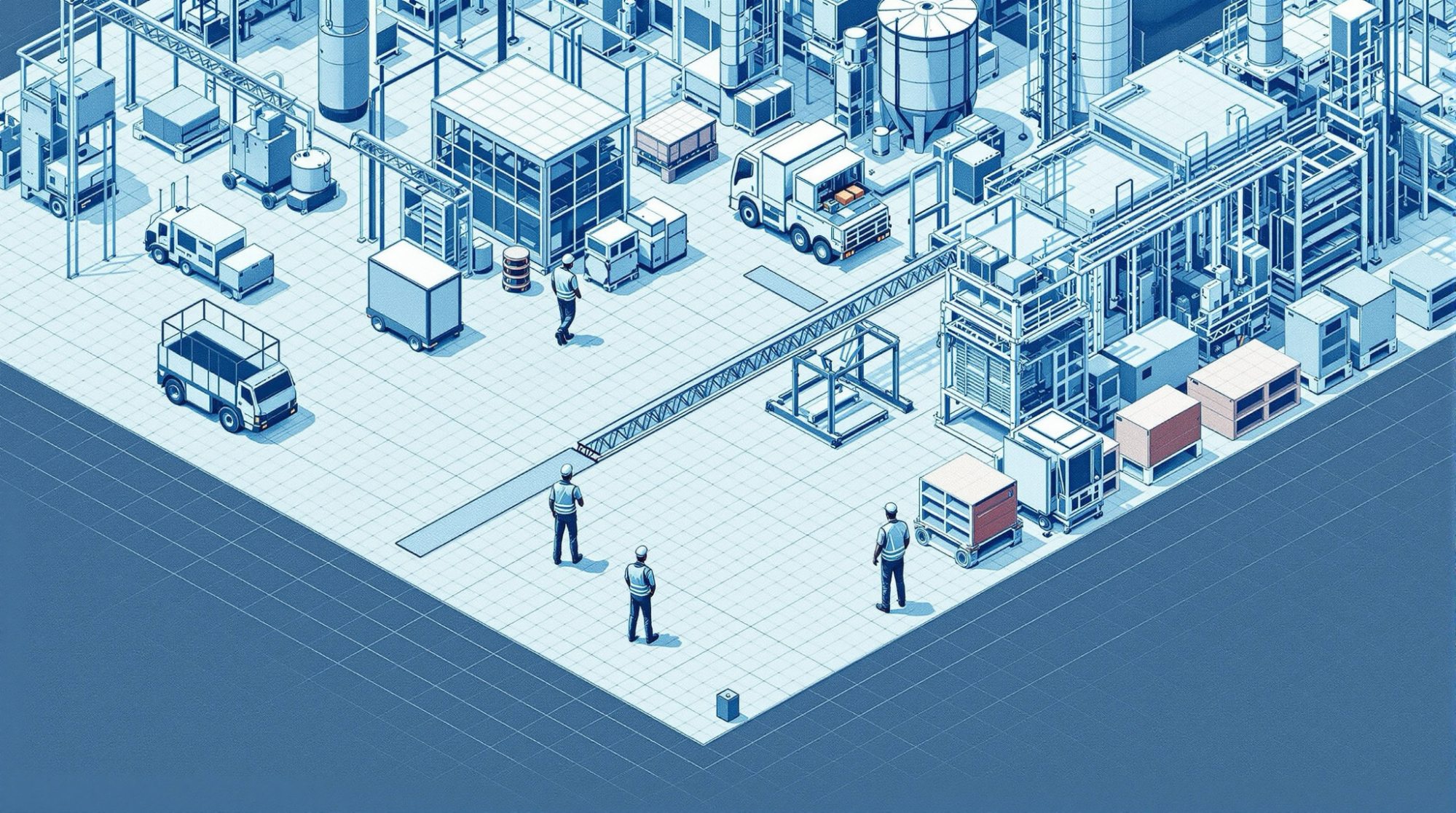 Isometric view of a modern manufacturing facility with industrial equipment, vehicles, and workers